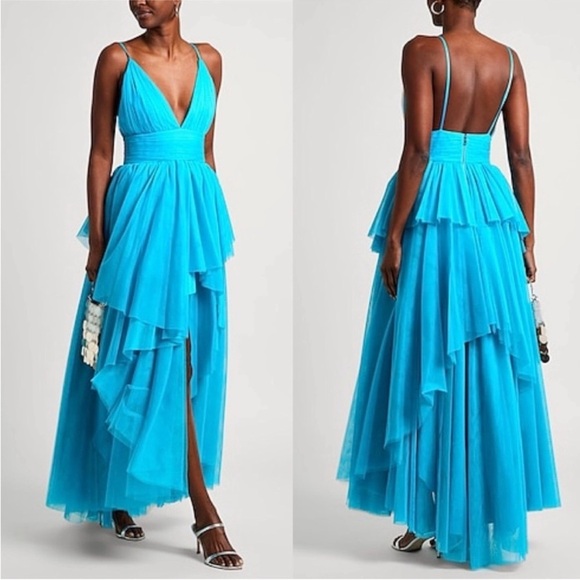 Alice + Olivia DOJA Aqua Teal Blue Layered Tulle Gown Maxi Dress - Picture 1 of 7